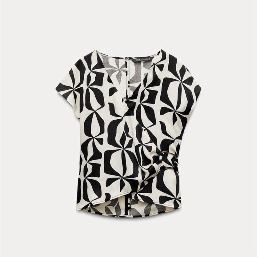 Zara Geometric Black & White Knot-Detail Blouse